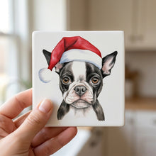 Boston Terrier Puppy Drawing ceramic coasters set of 4, in hand