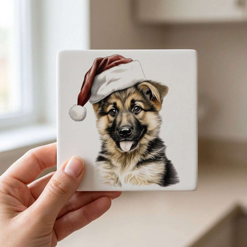 German Shepherd Dog Puppy Drawing ceramic coasters set of 4, in hand