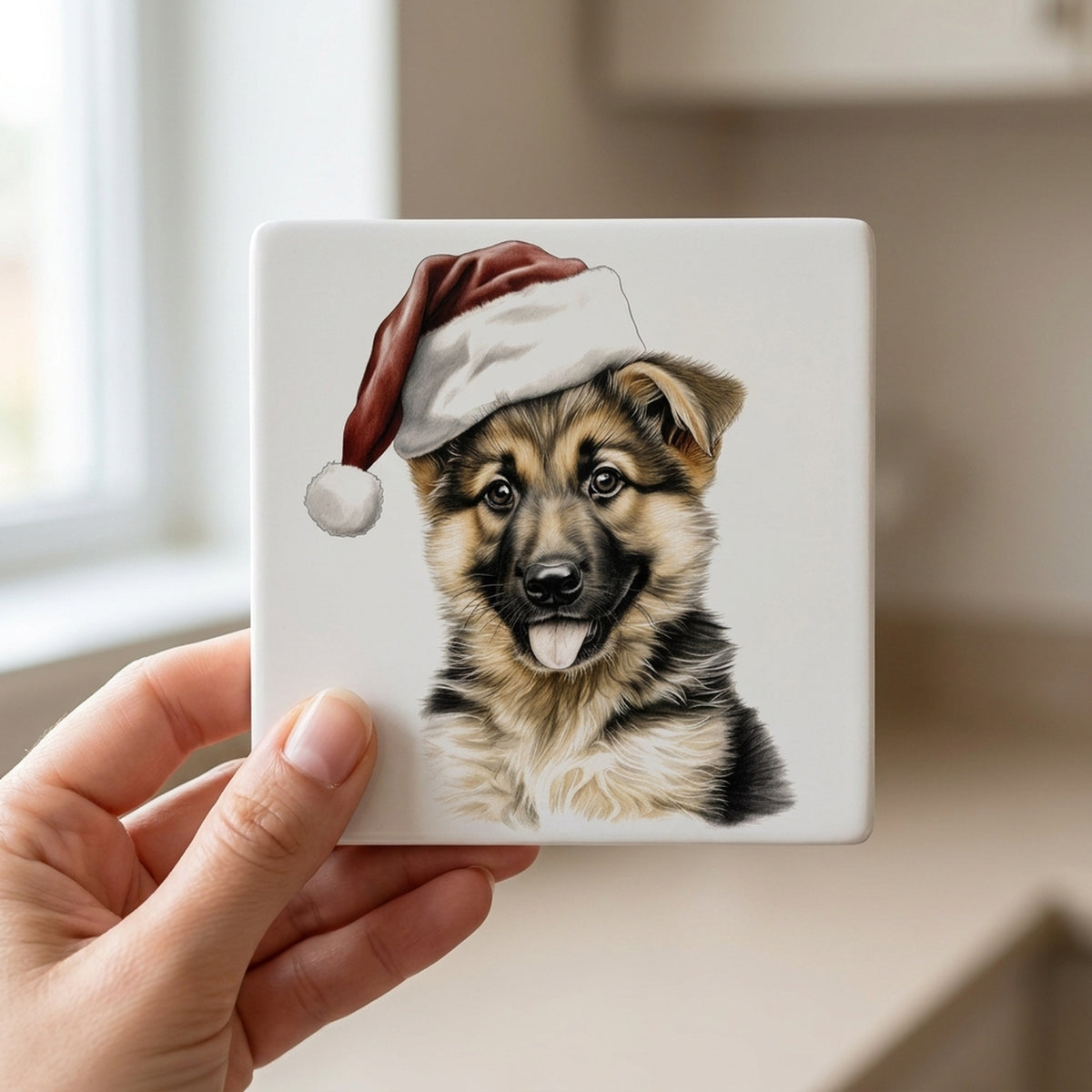 German Shepherd Dog Puppy Drawing ceramic coasters set of 4, in hand