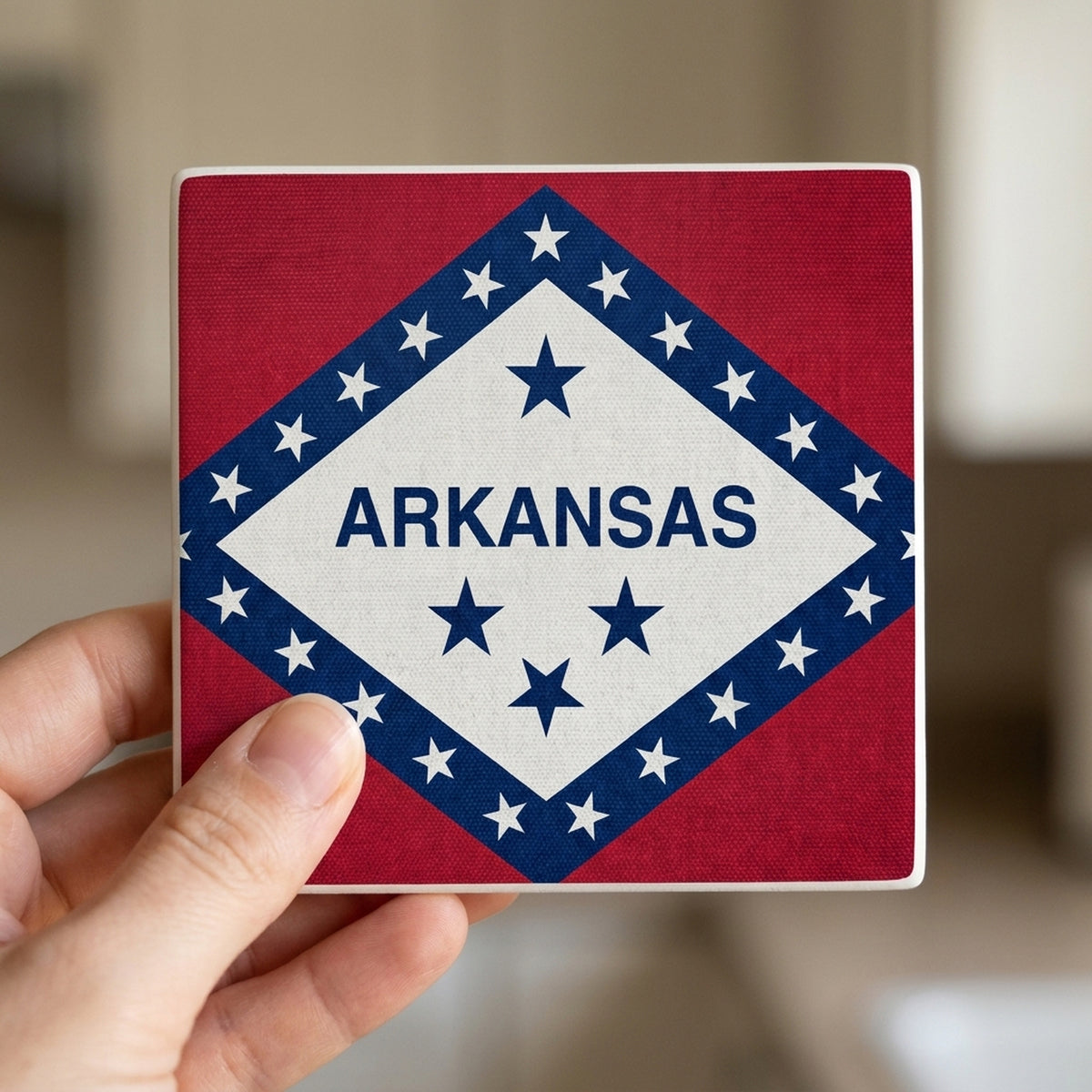 Arkansas State Flag ceramic coasters set of 4, in hand