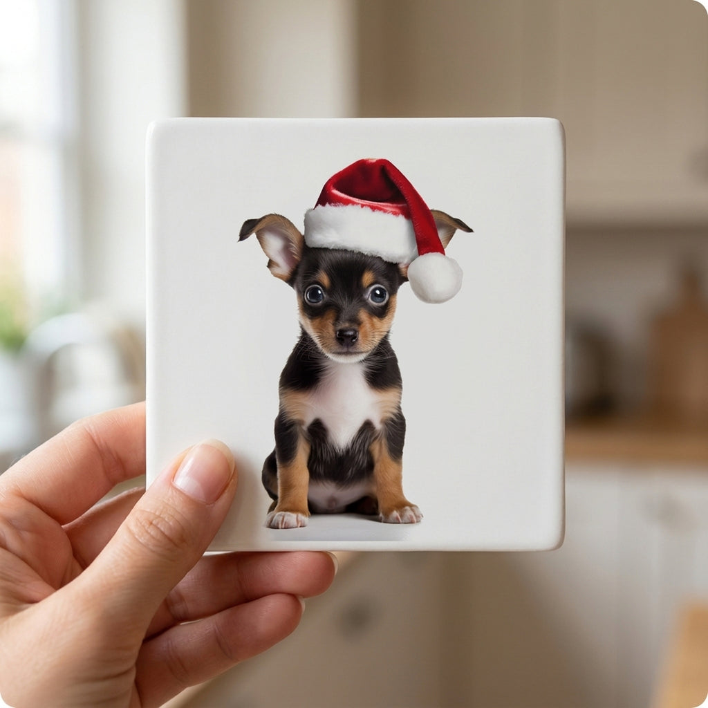 Toy Fox Terrier Puppy ceramic coasters set of 4, in hand
