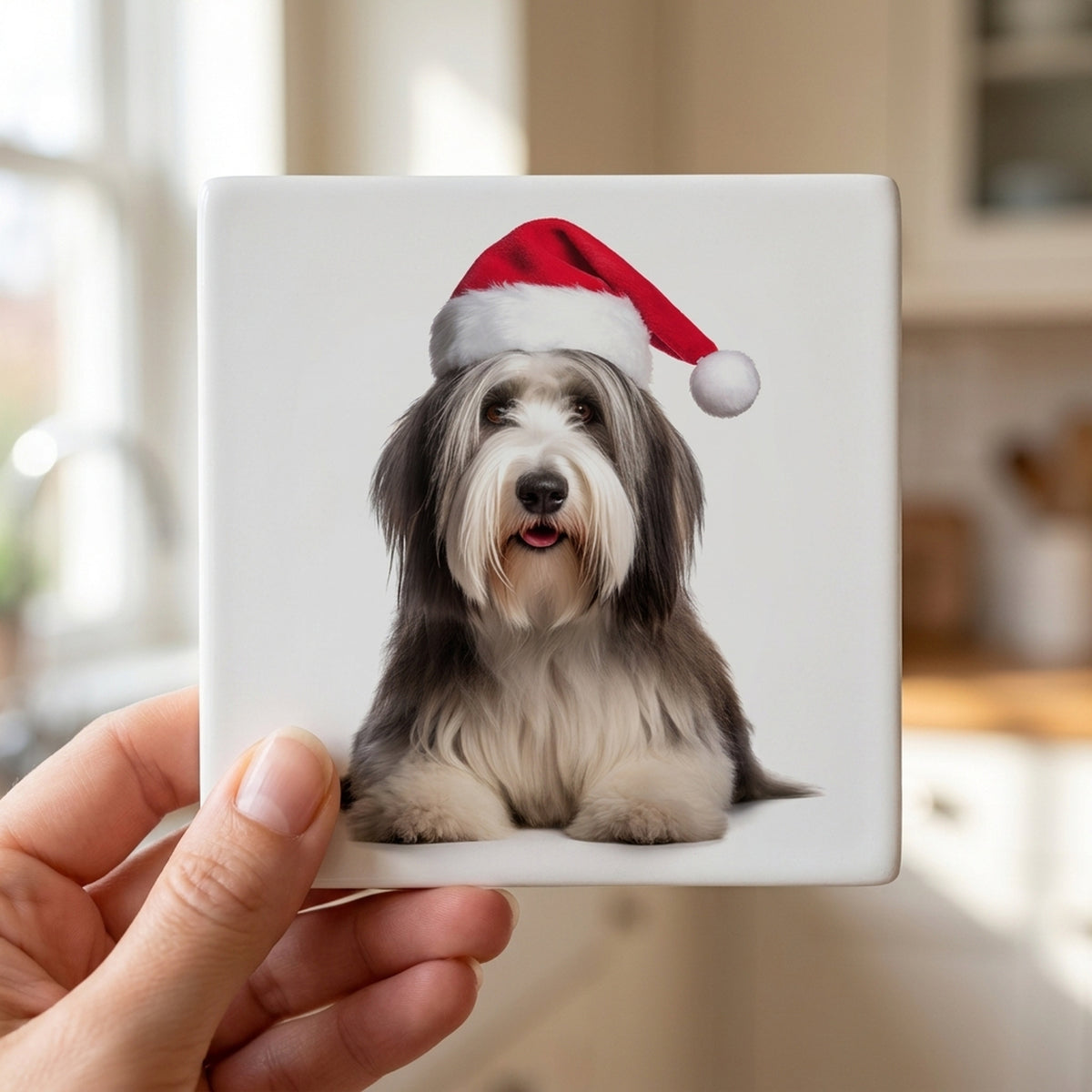 Bearded Collie ceramic coasters set of 4, in hand