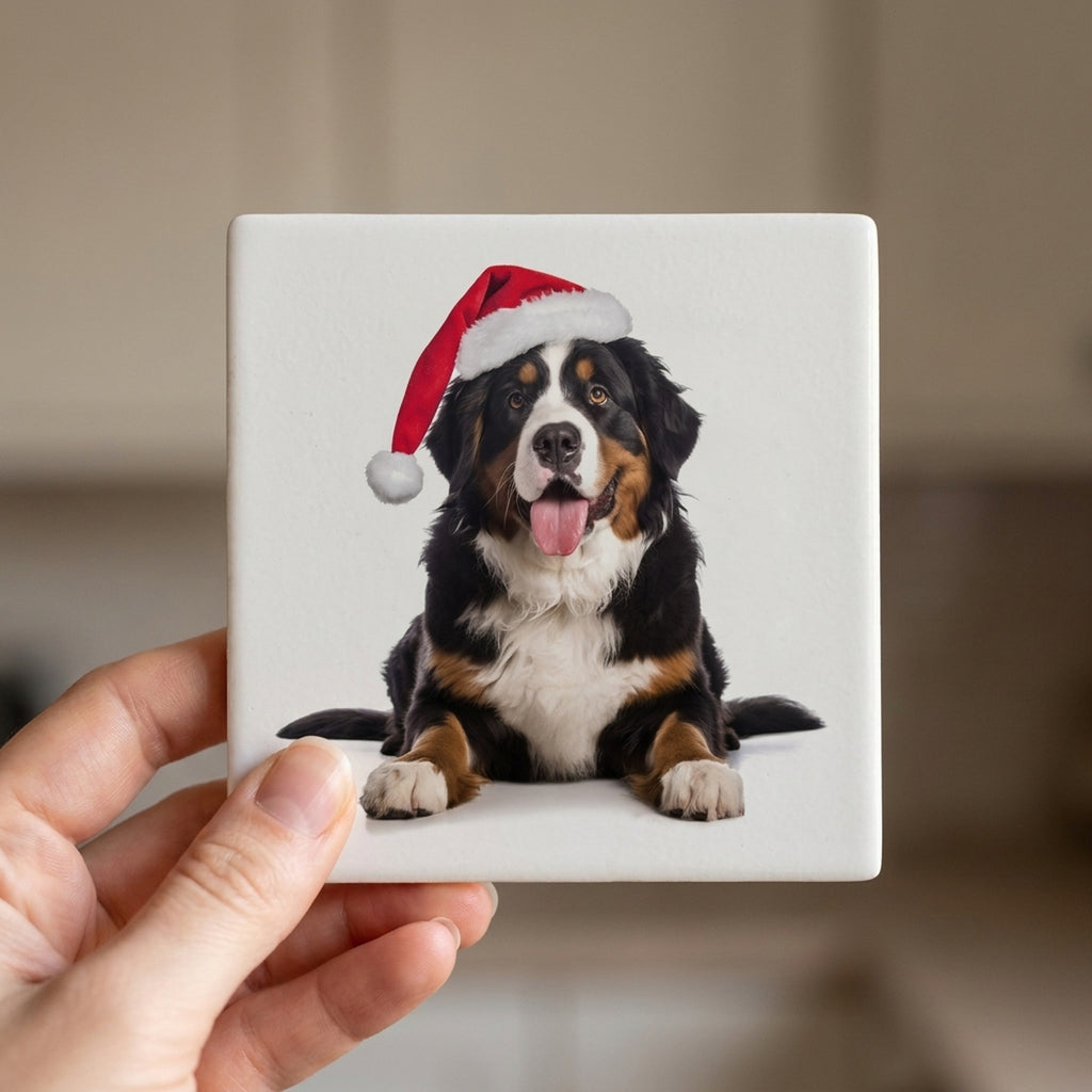 Greater Swiss Mountain Dog ceramic coasters set of 4, in hand