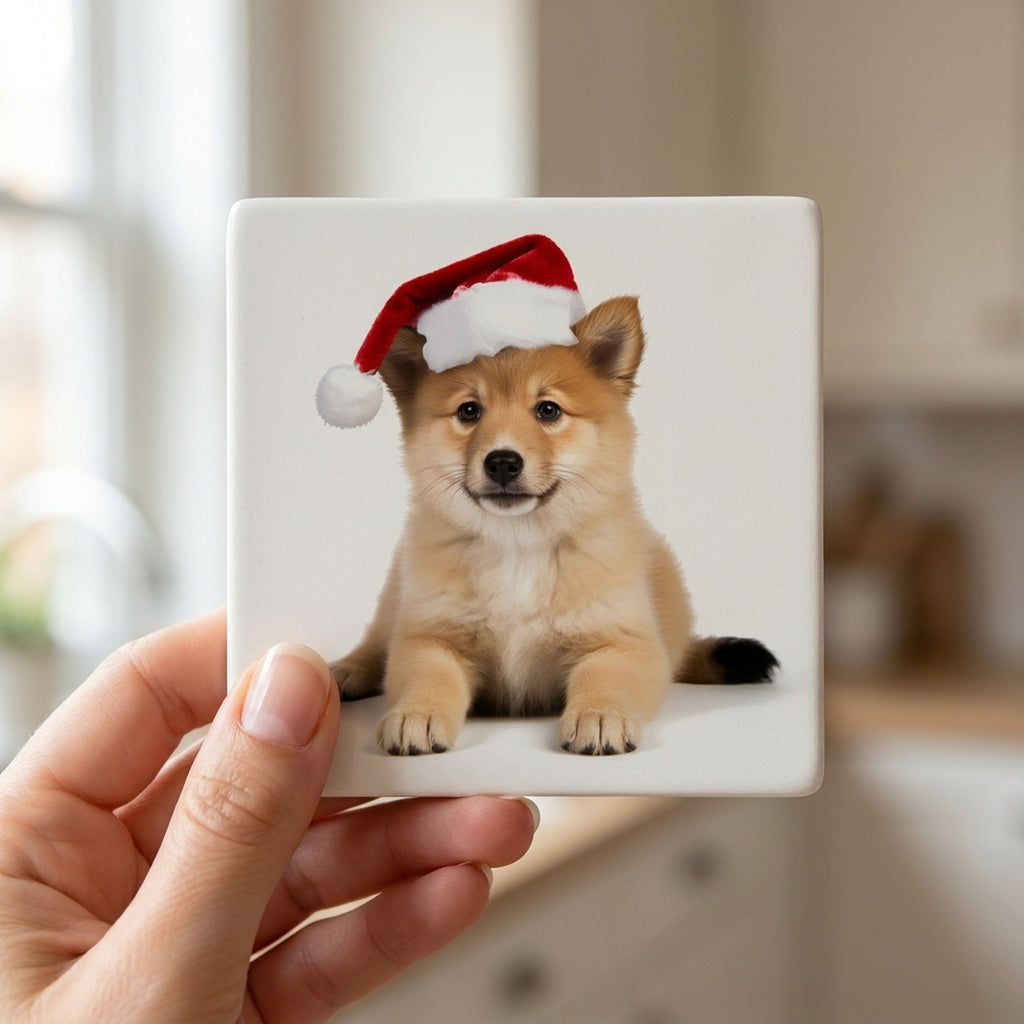 Icelandic Sheepdog Puppy ceramic coasters set of 4, in hand