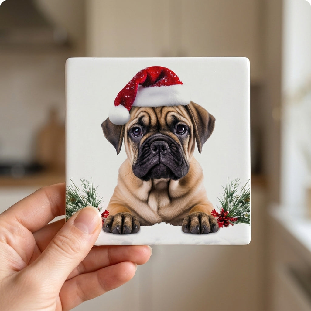 Bullmastiff Puppy ceramic coasters set of 4, in hand