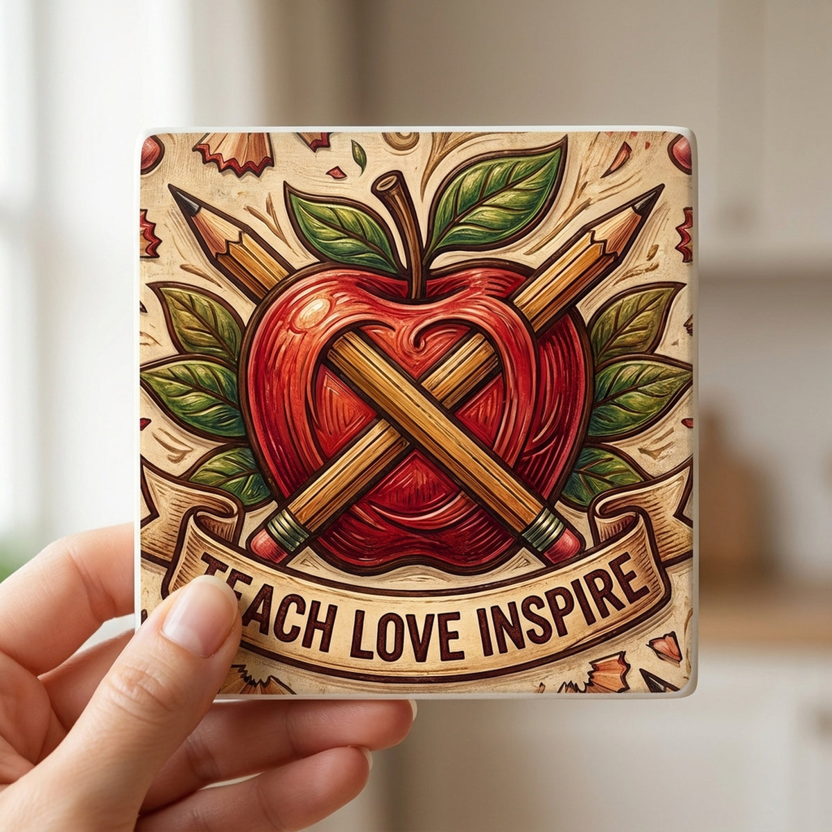 Teacher Apple ceramic coasters set of 4, in hand