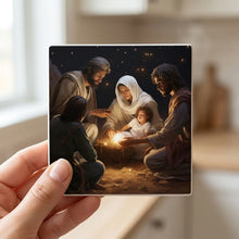 Starry Night Nativity ceramic coasters set of 4, in hand