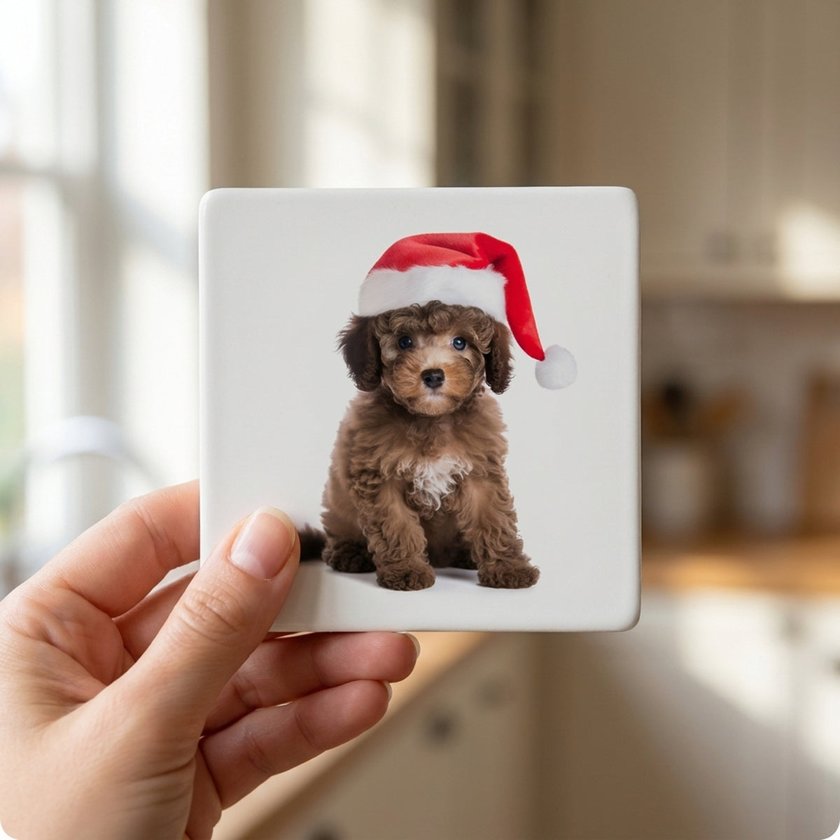 Poodle Puppy ceramic coasters set of 4, in hand