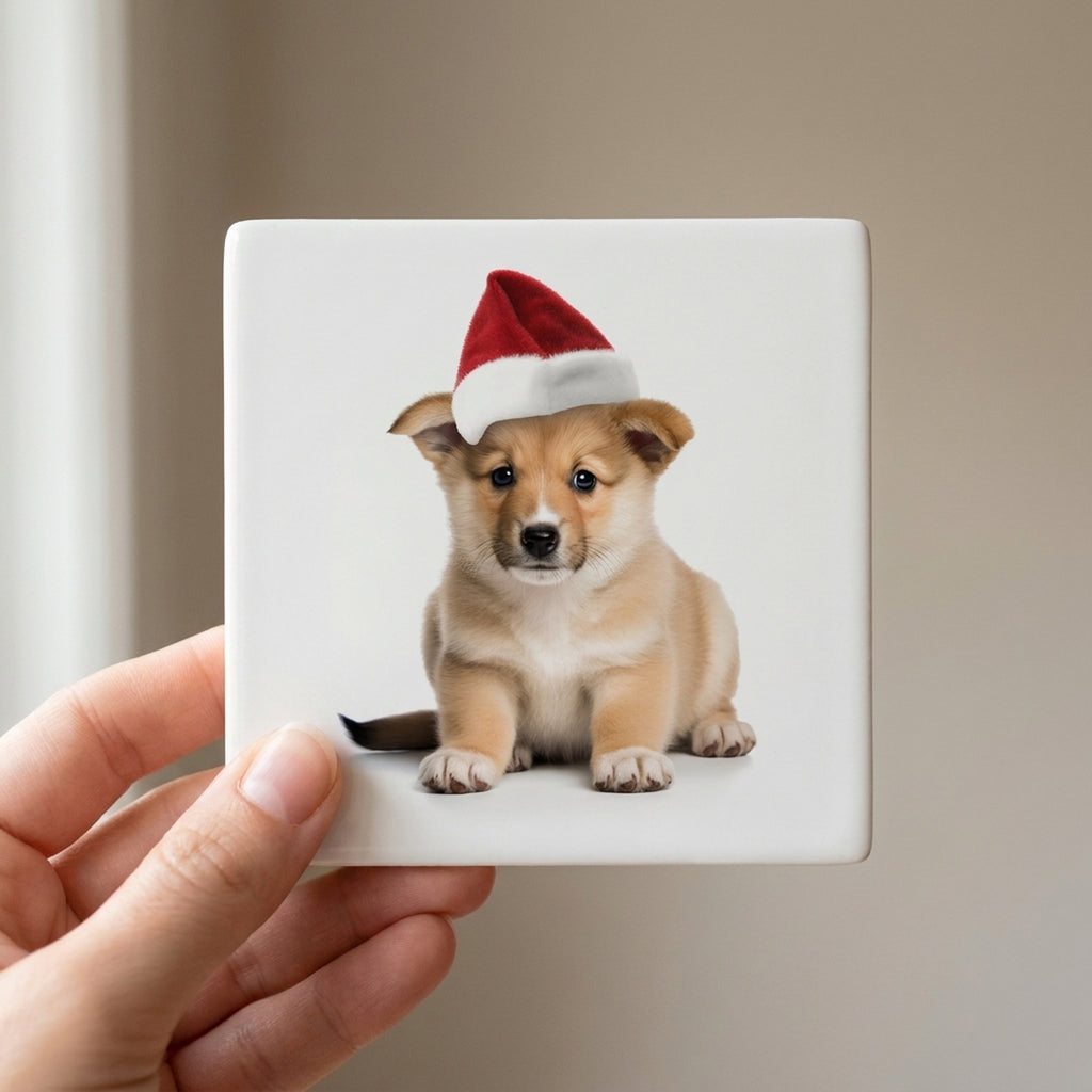 Norwegian Lundehund Puppy ceramic coasters set of 4, in hand