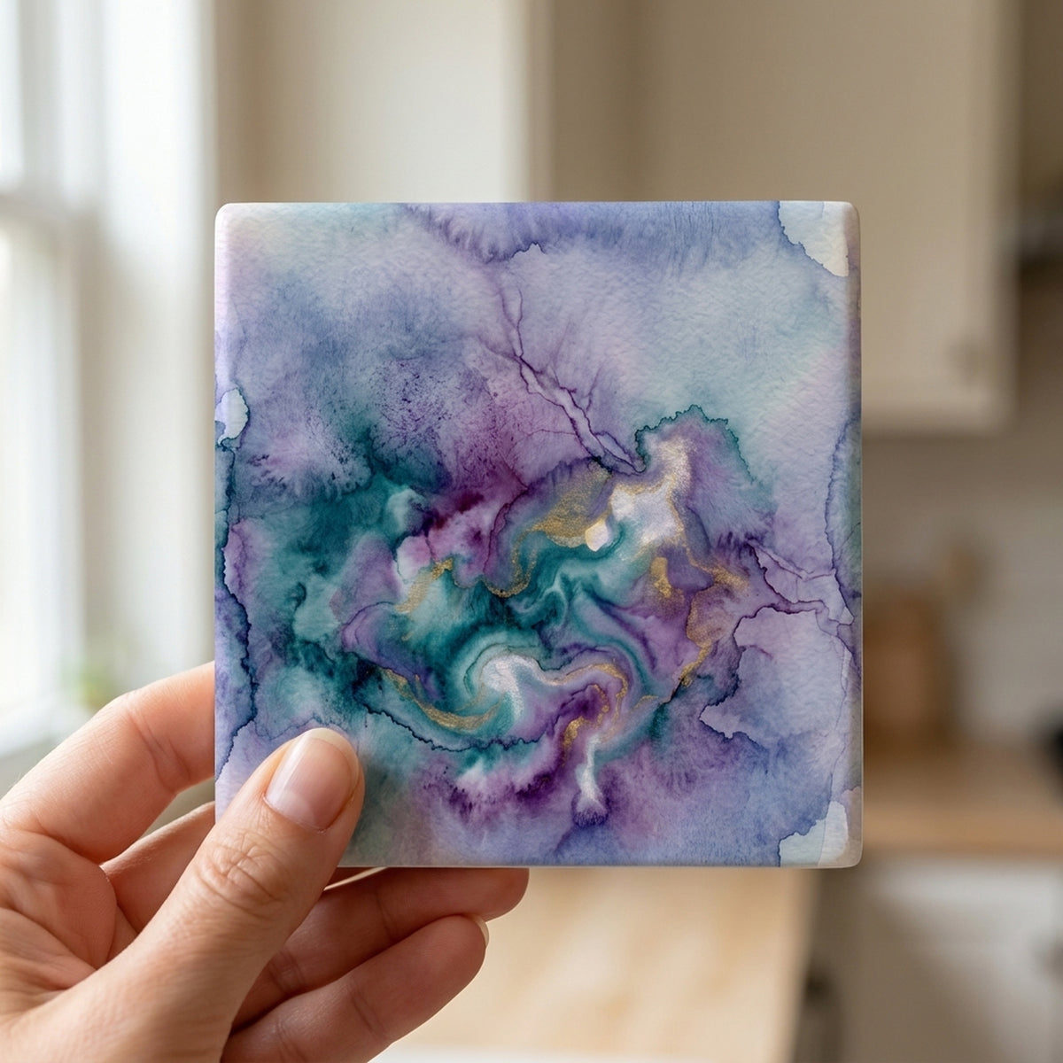 Watercolor Ombre ceramic coasters set of 4, in hand