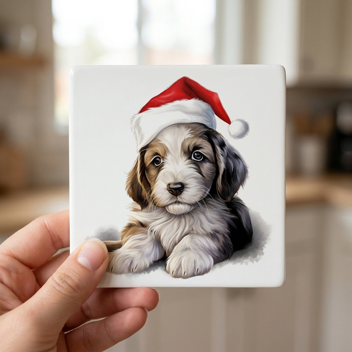 Petit Basset Griffon Vendéen Puppy Drawing ceramic coasters set of 4, in hand