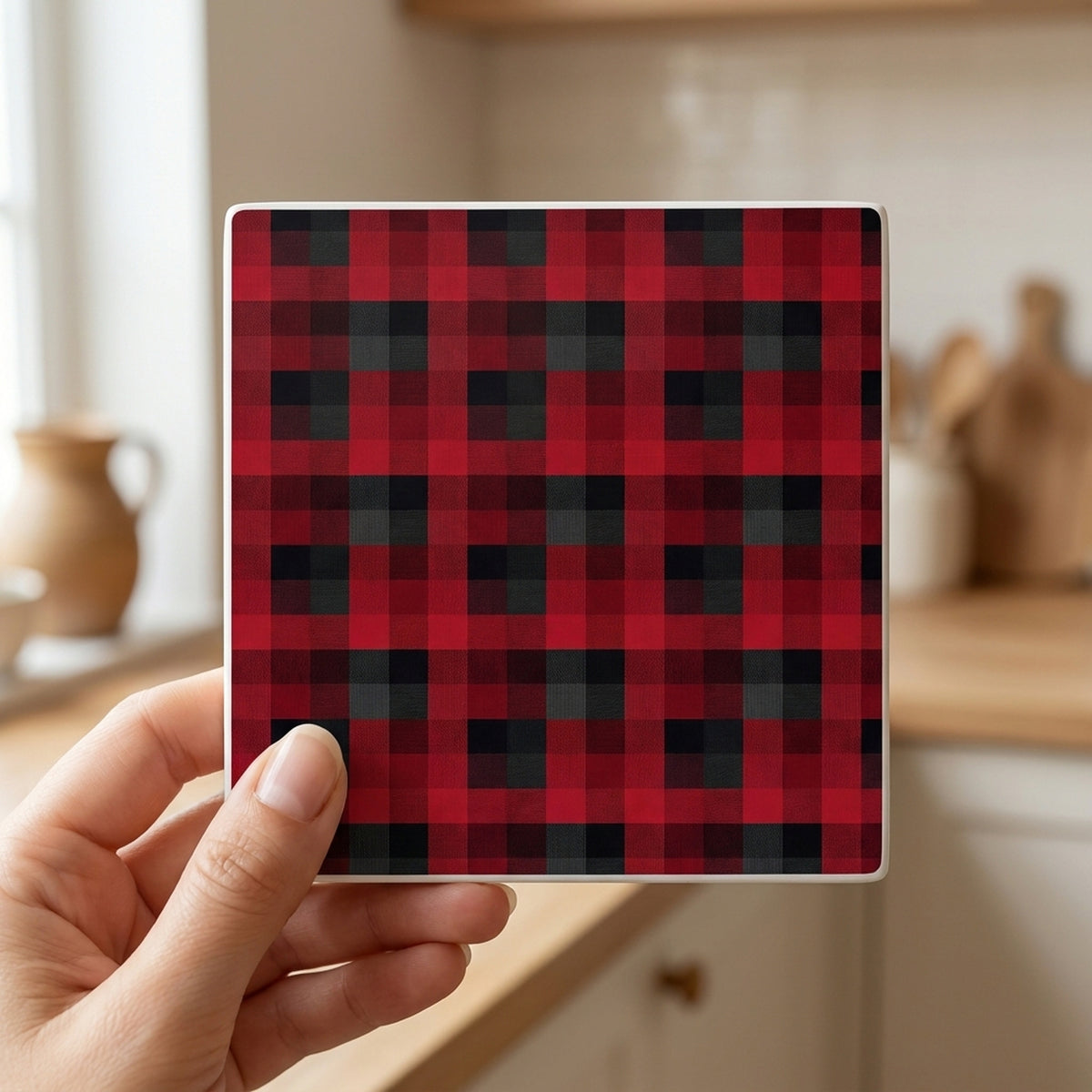 Buffalo Plaid ceramic coasters set of 4, in hand