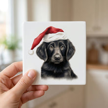 Flat-Coated Retriever Puppy Drawing ceramic coasters set of 4, in hand