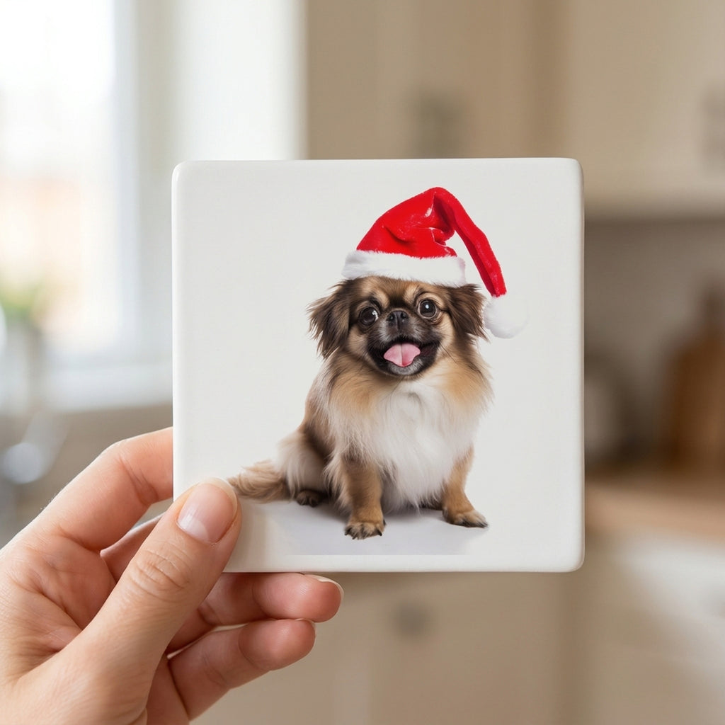 Tibetan Spaniel ceramic coasters set of 4, in hand