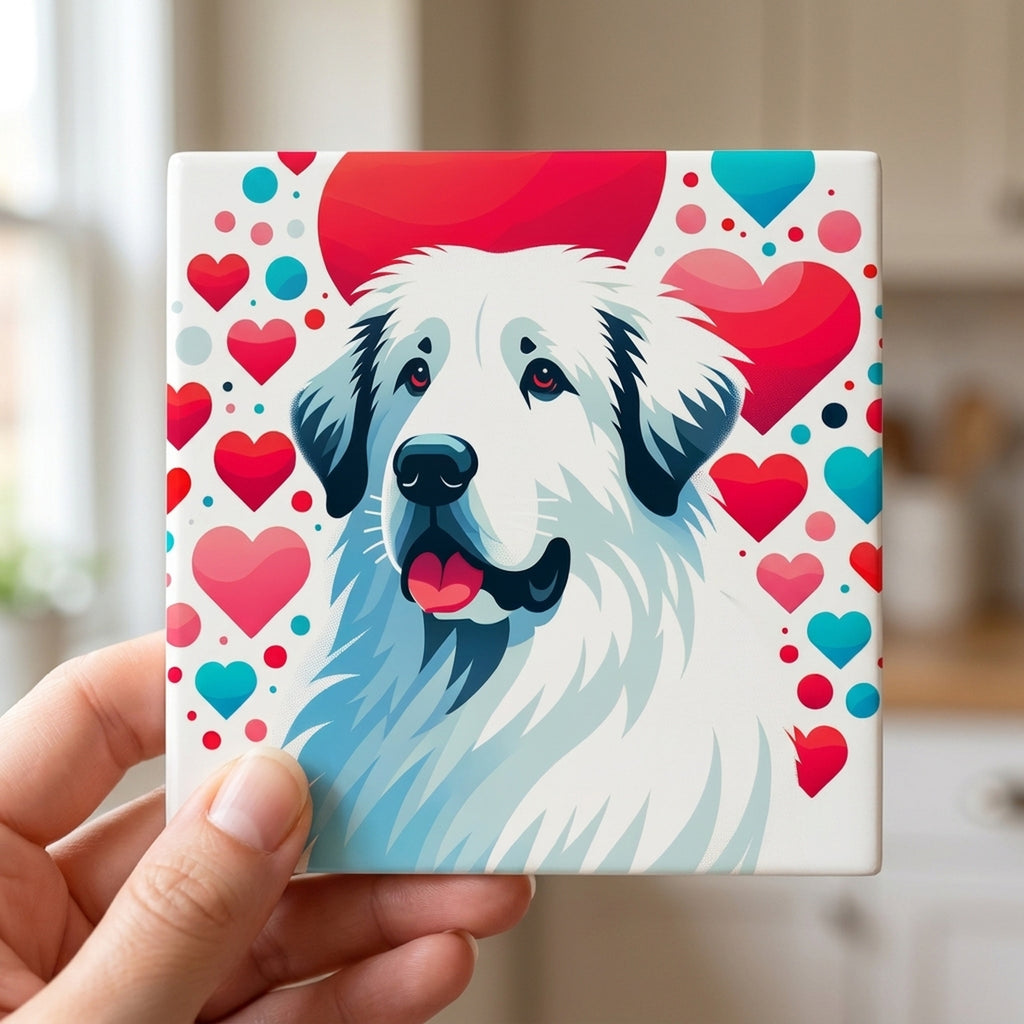 Great Pyrenees ceramic coasters set of 4, in hand