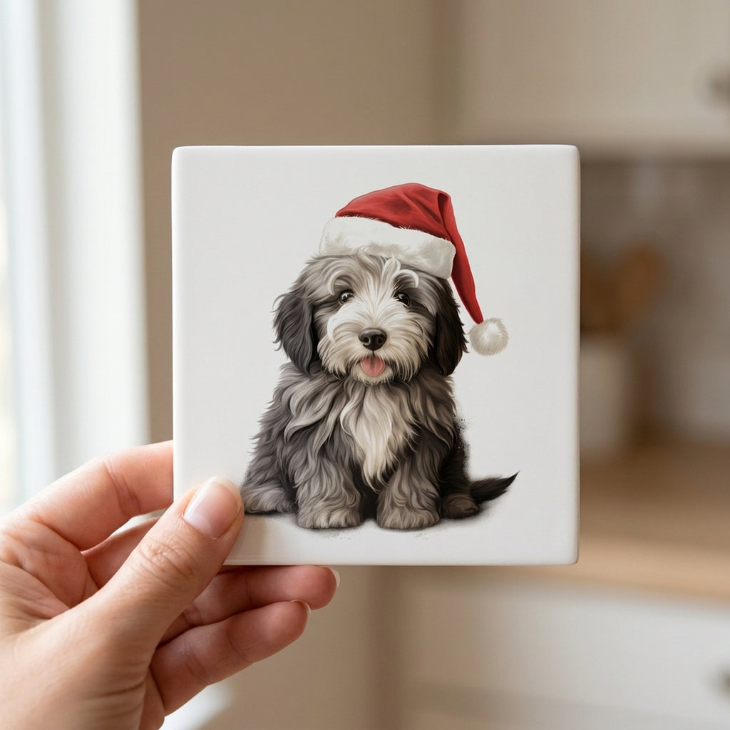 Bergamasco Sheepdog Puppy Drawing ceramic coasters set of 4, in hand