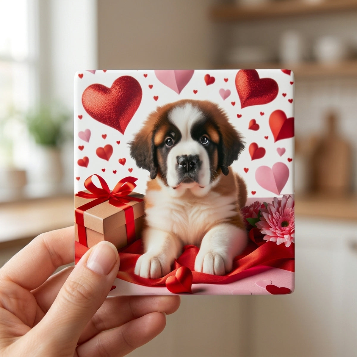 Saint Bernard ceramic coasters set of 4, in hand