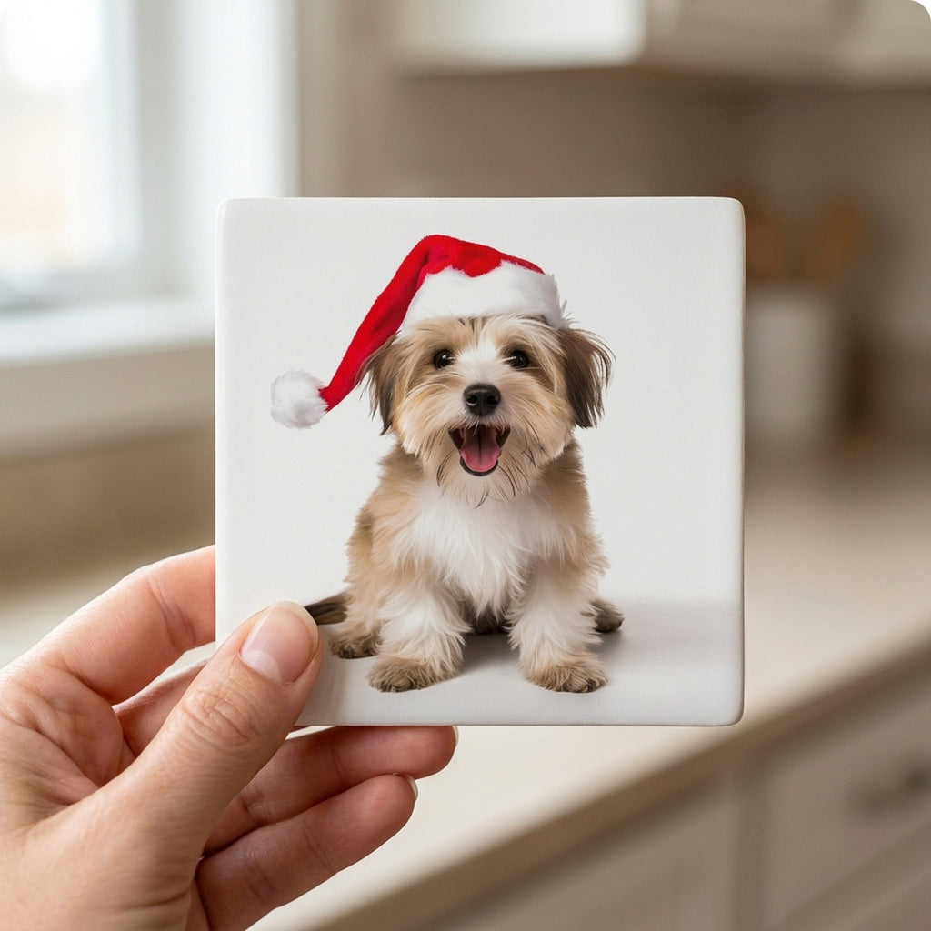 Biewer Terrier ceramic coasters set of 4, in hand