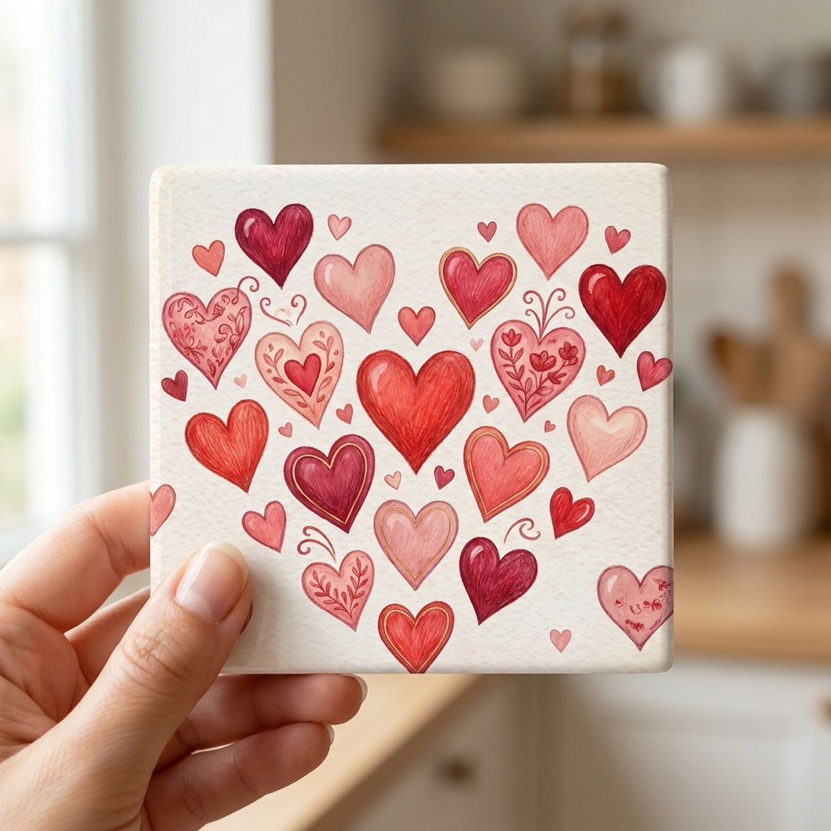 Valentine Hearts ceramic coasters set of 4, in hand