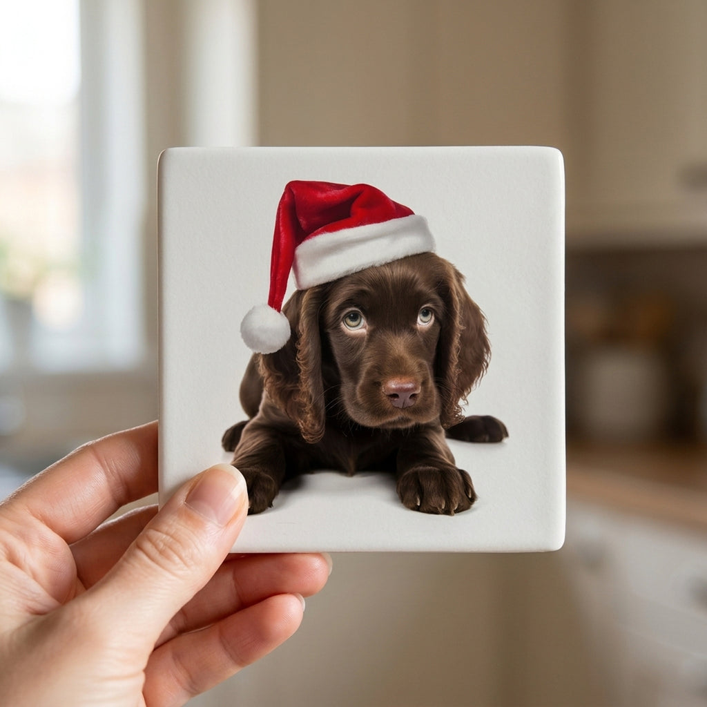 Field Spaniel Puppy ceramic coasters set of 4, in hand