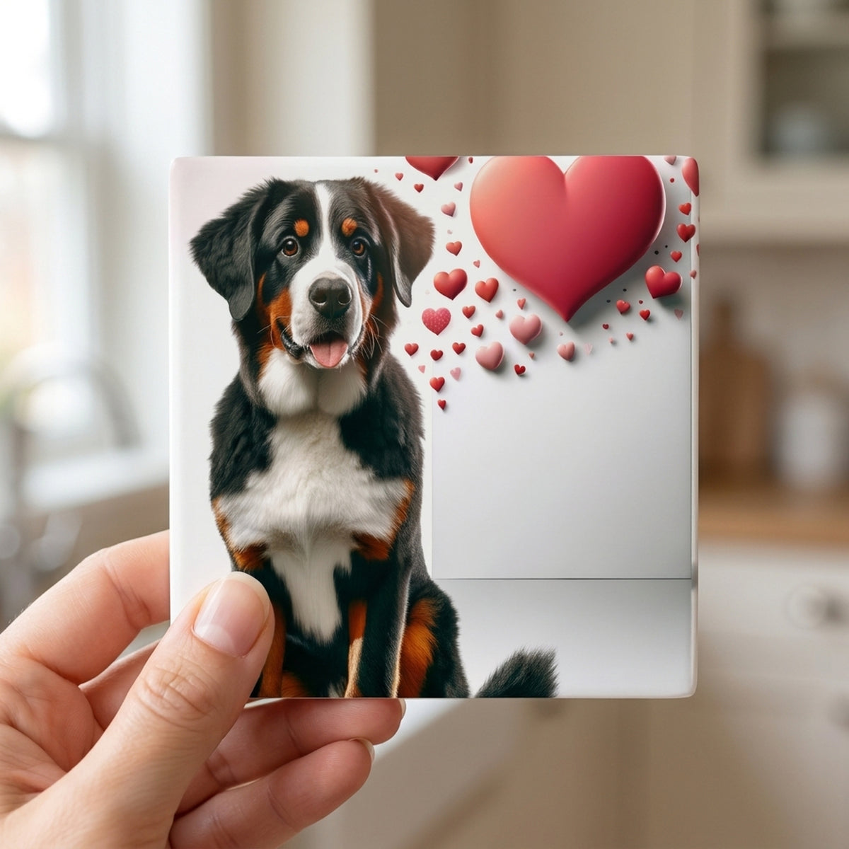 Bernese Mountain Dog ceramic coasters set of 4, in hand
