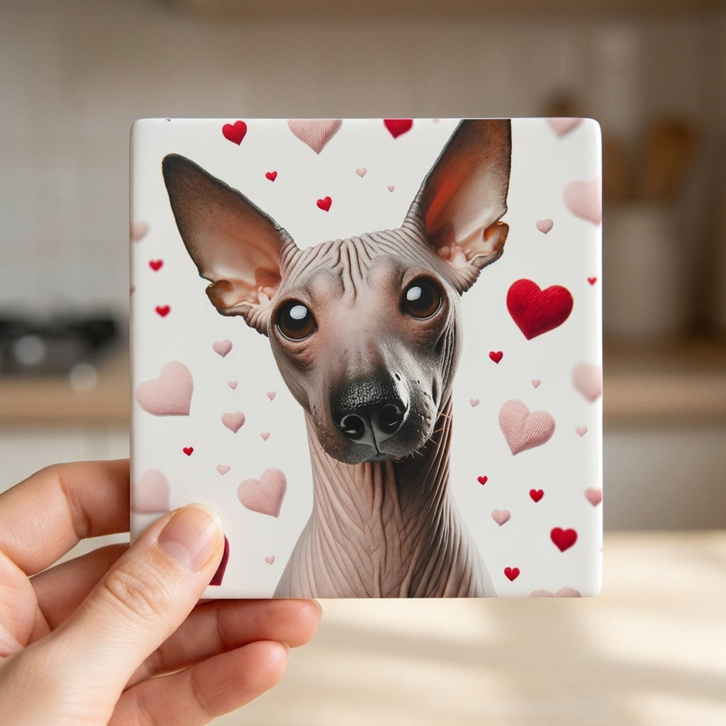Xoloitzcuintli ceramic coasters set of 4, in hand