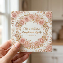 She Is Clothed In Strength ceramic coasters set of 4, in hand