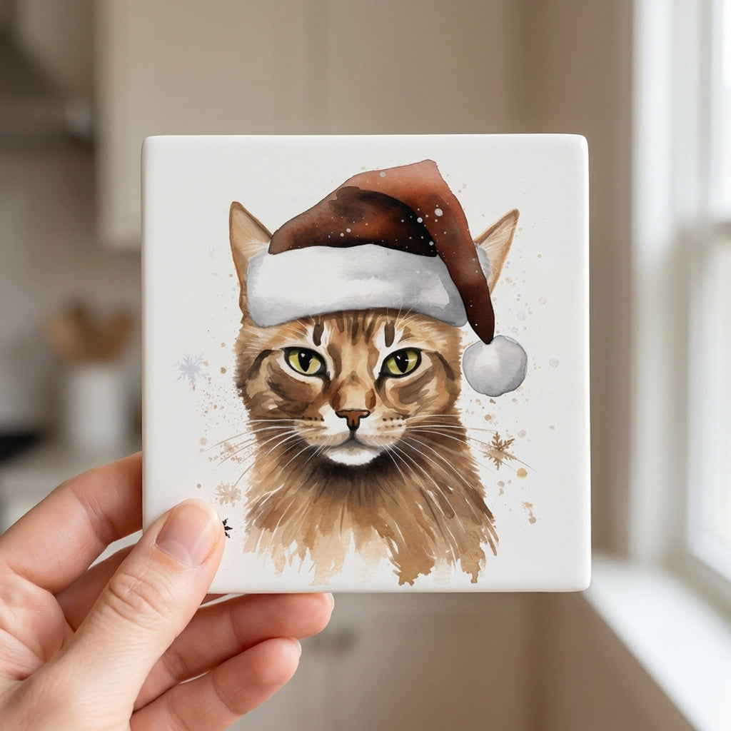 Havana Brown Cat ceramic coasters set of 4, in hand