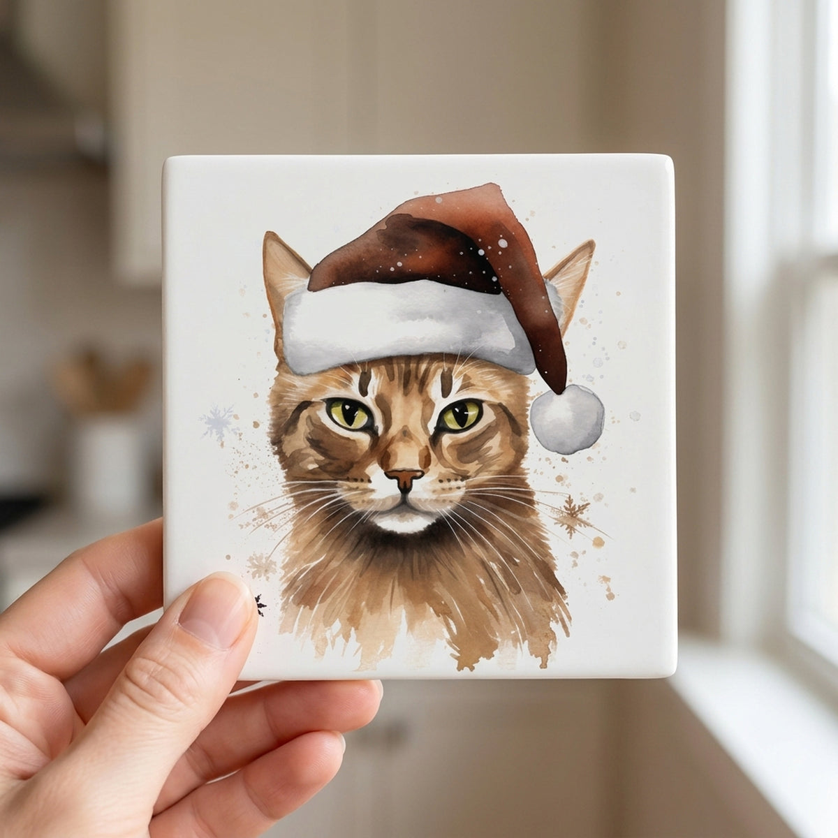 Havana Brown Cat ceramic coasters set of 4, in hand