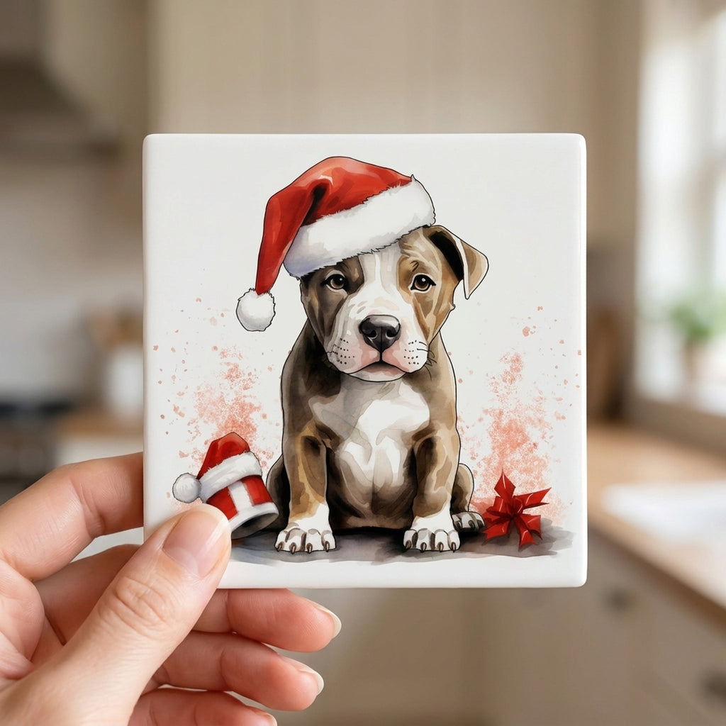 American Staffordshire Terrier Puppy Drawing ceramic coasters set of 4, in hand