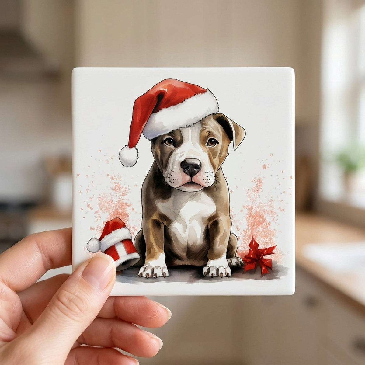 American Staffordshire Terrier Puppy Drawing ceramic coasters set of 4, in hand