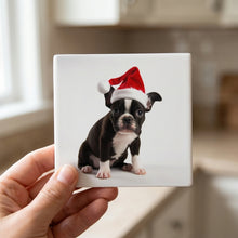 Boston Terrier Puppy ceramic coasters set of 4, in hand
