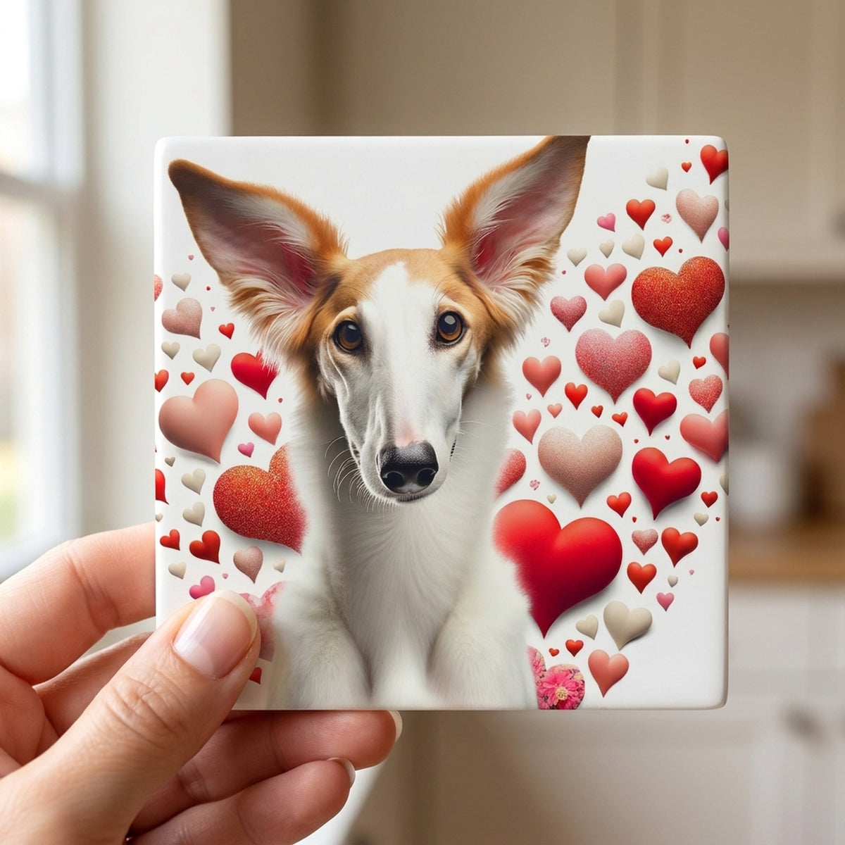 Borzoi ceramic coasters set of 4, in hand