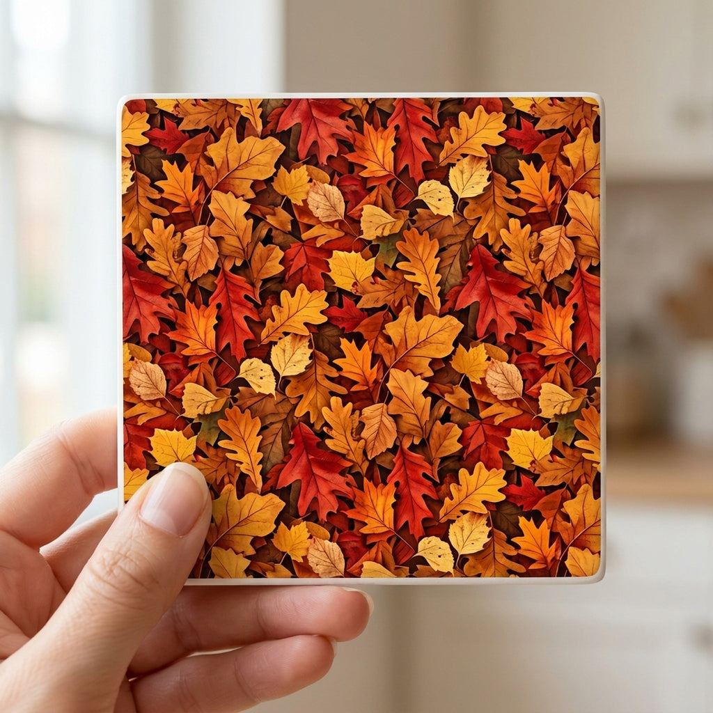 Autumn Leaves ceramic coasters set of 4, in hand