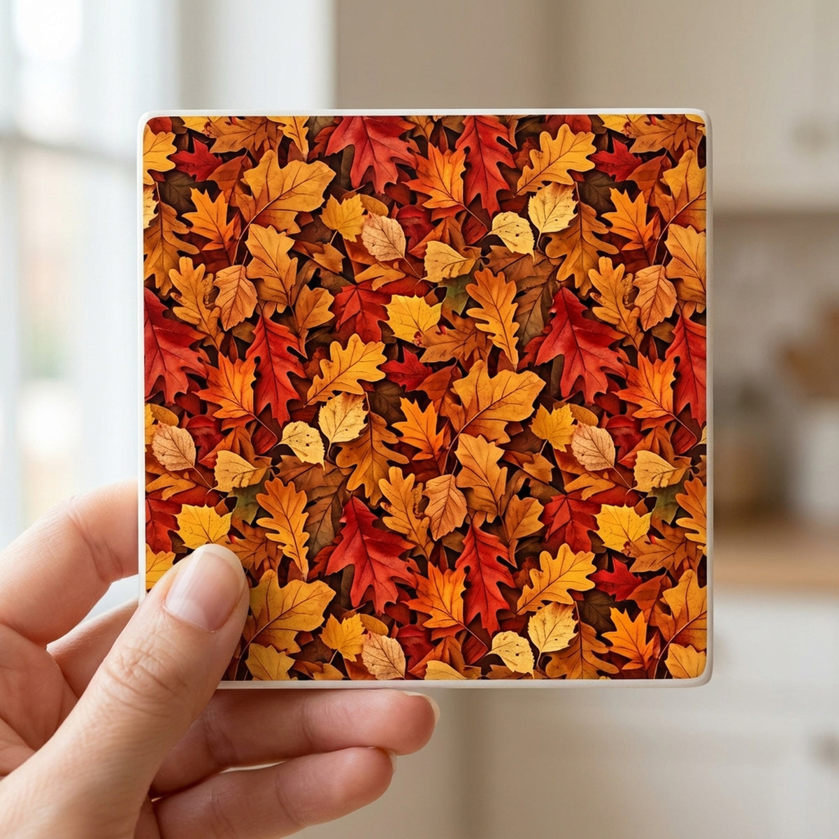 Autumn Leaves ceramic coasters set of 4, in hand