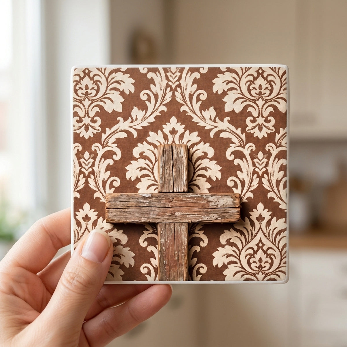 Wooden Cross ceramic coasters set of 4, in hand