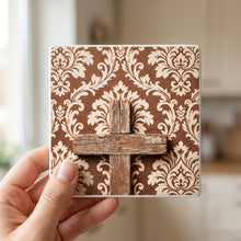 Wooden Cross ceramic coasters set of 4, in hand