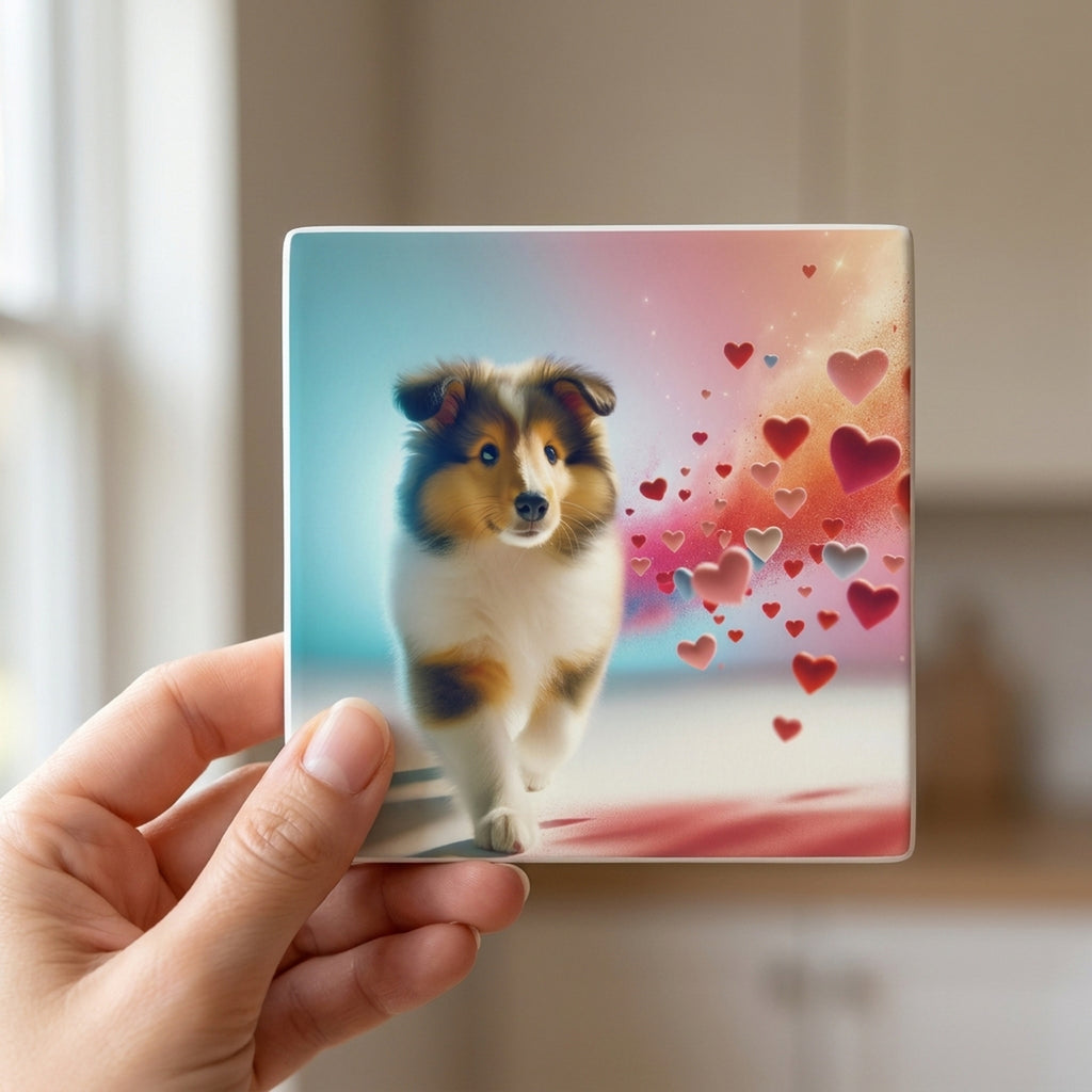 Collie ceramic coasters set of 4, in hand