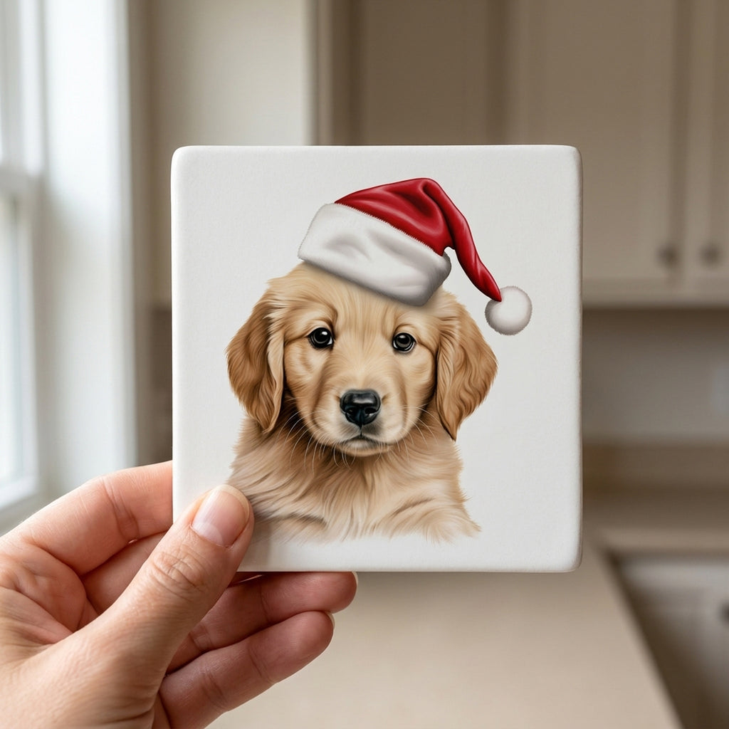 Golden Retriever Puppy Drawing ceramic coasters set of 4, in hand