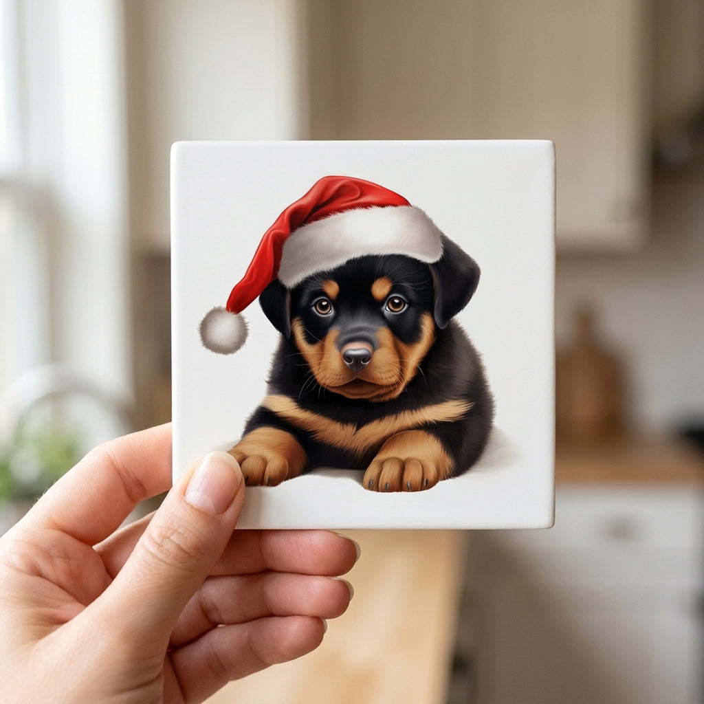 Rottweiler Puppy Drawing ceramic coasters set of 4, in hand