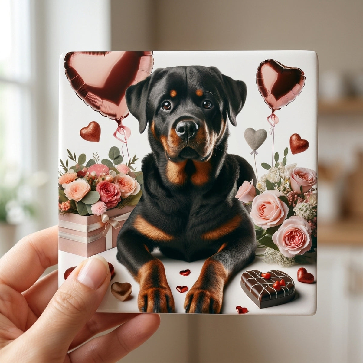 Rottweiler ceramic coasters set of 4, in hand
