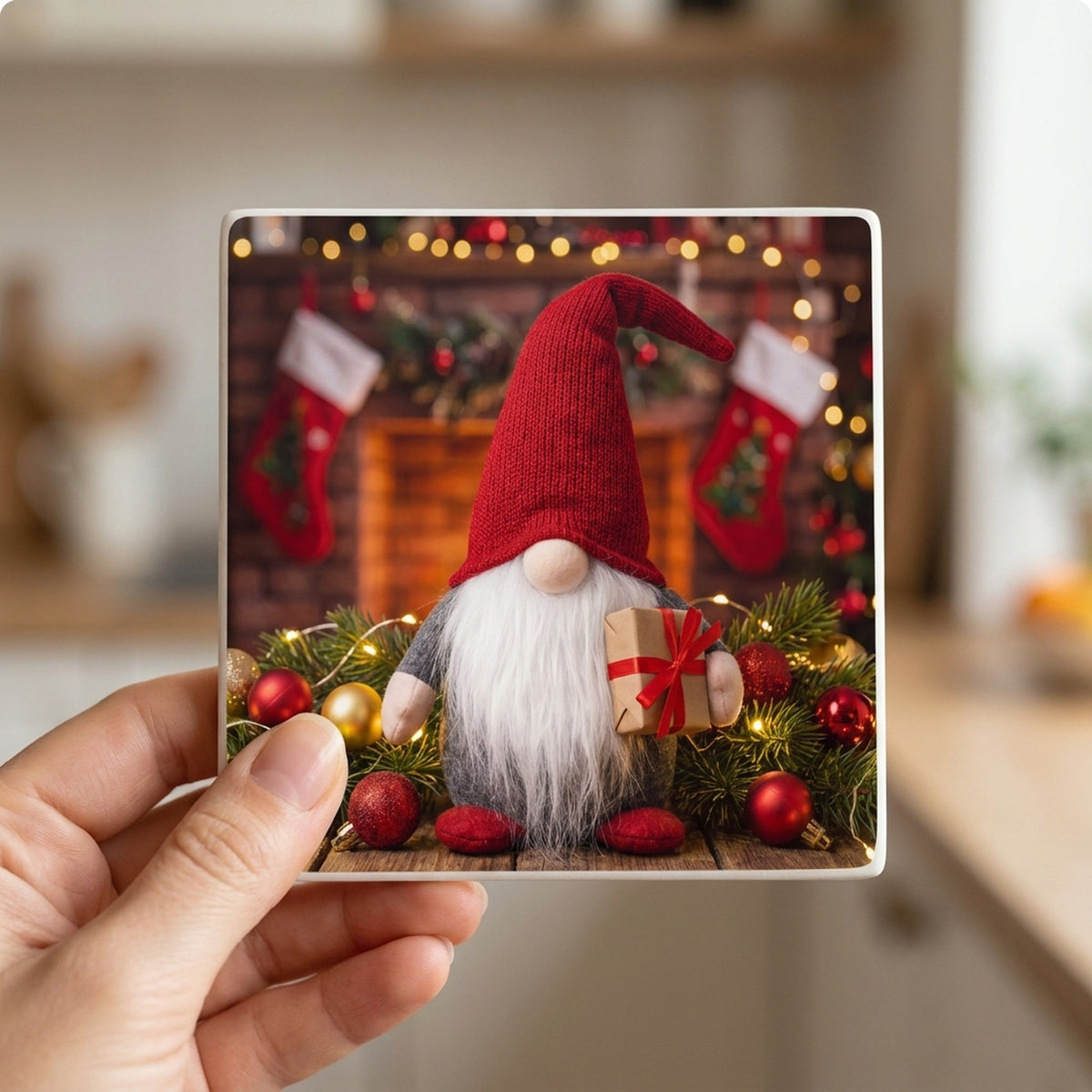 Holiday Gnome ceramic coasters set of 4, in hand