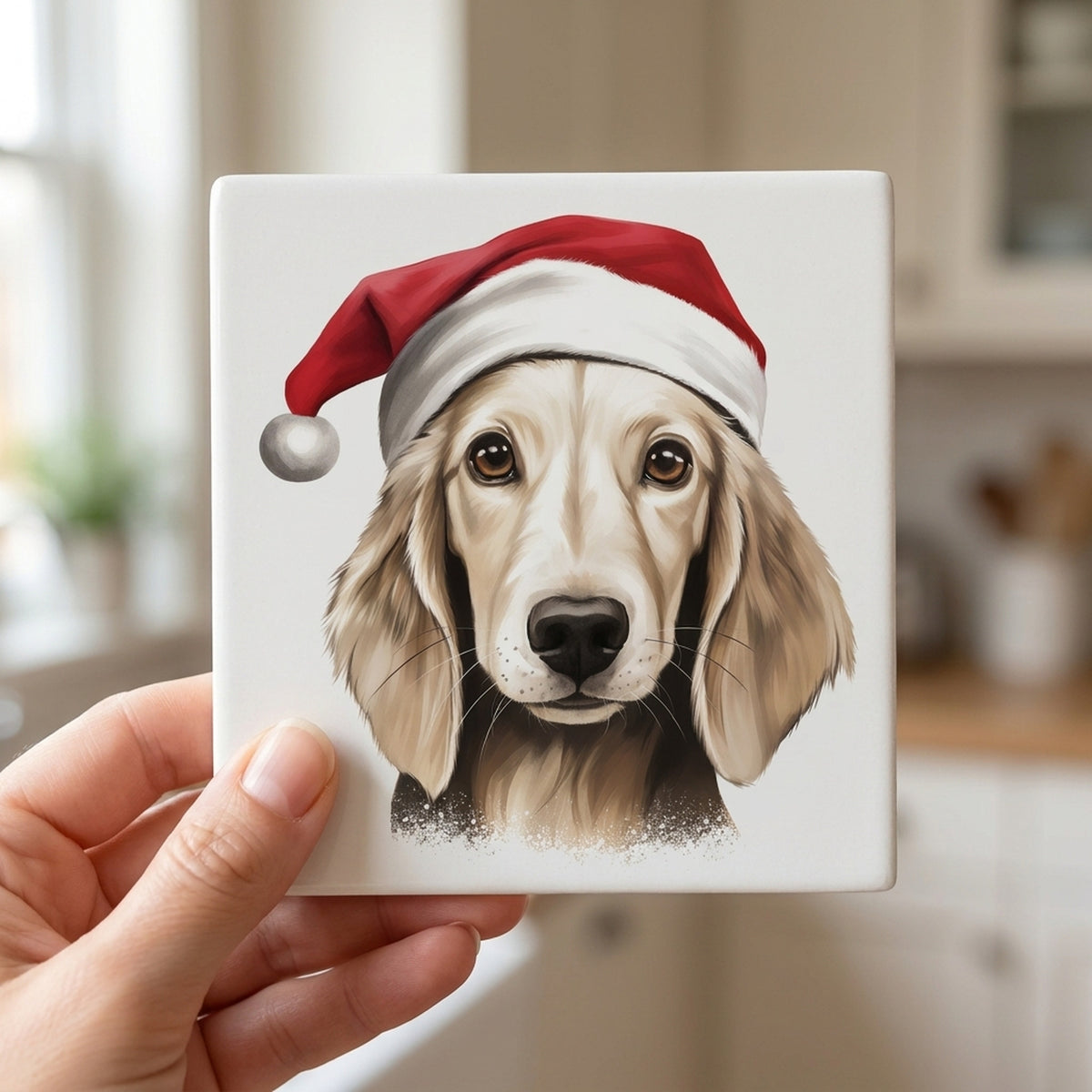 Saluki Puppy Drawing ceramic coasters set of 4, in hand