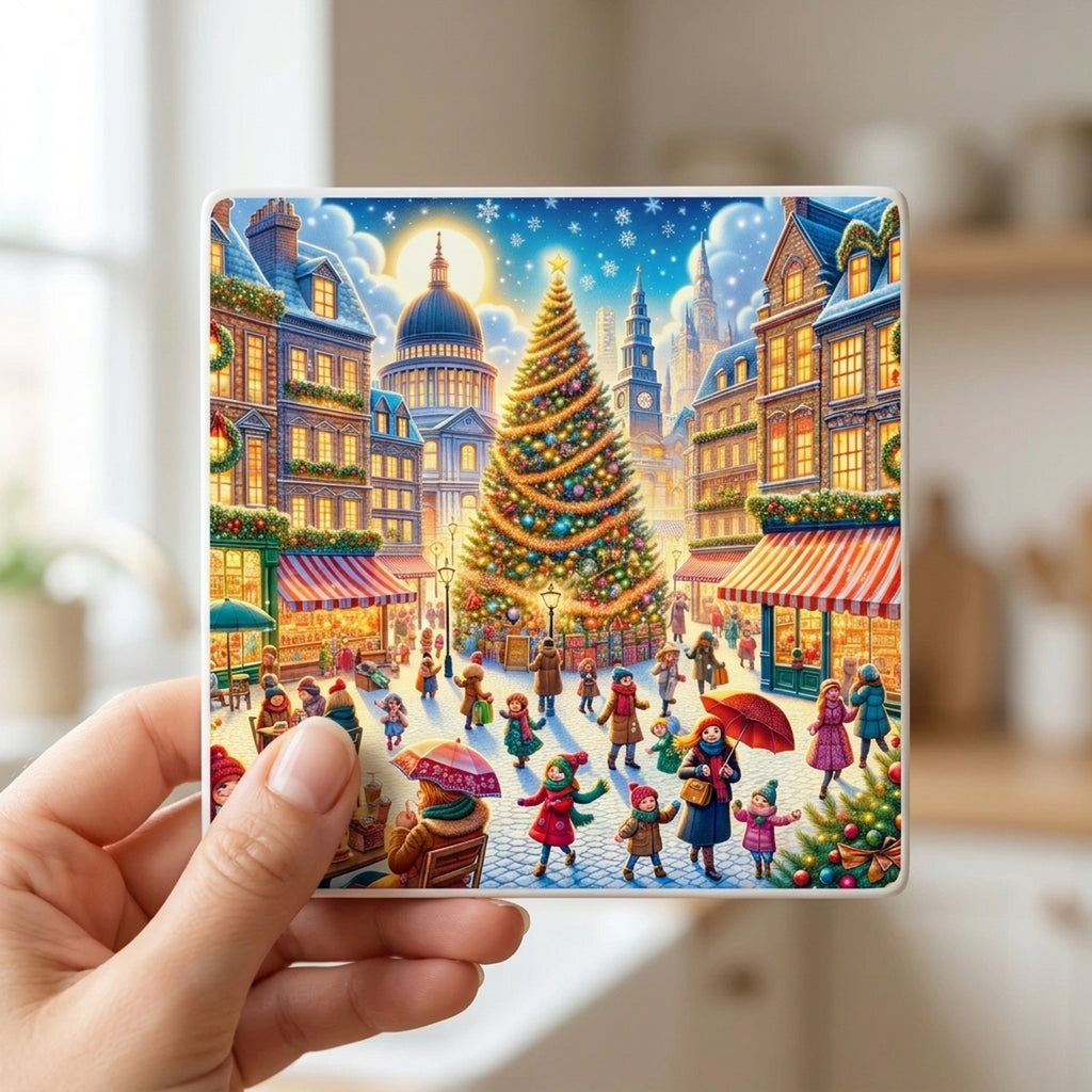 Holiday Town Square ceramic coasters set of 4, in hand