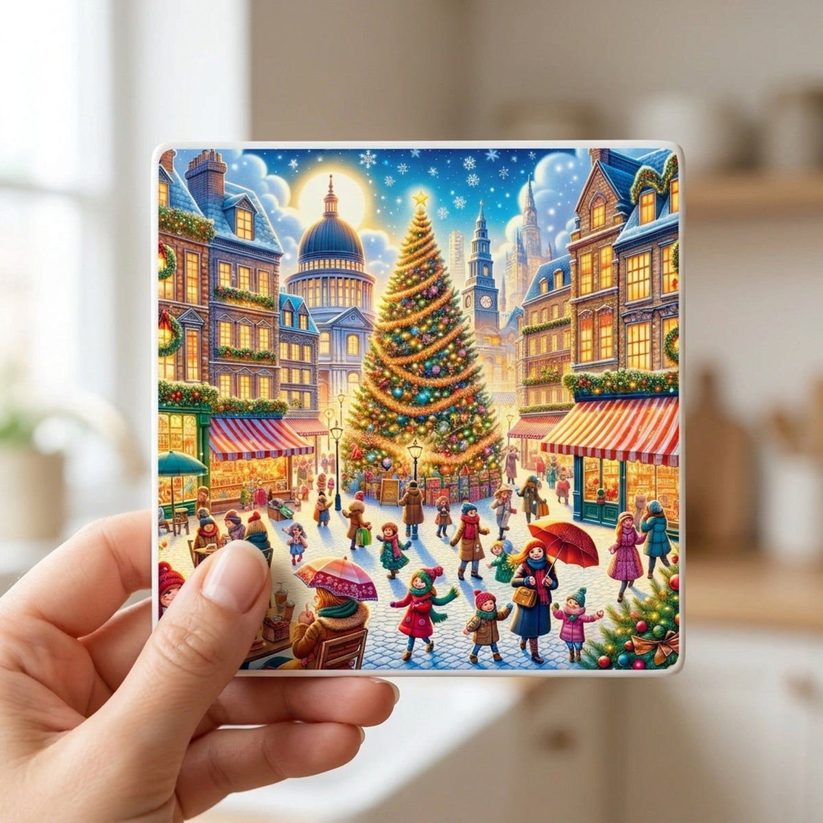 Holiday Town Square ceramic coasters set of 4, in hand