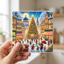Holiday Town Square ceramic coasters set of 4, in hand