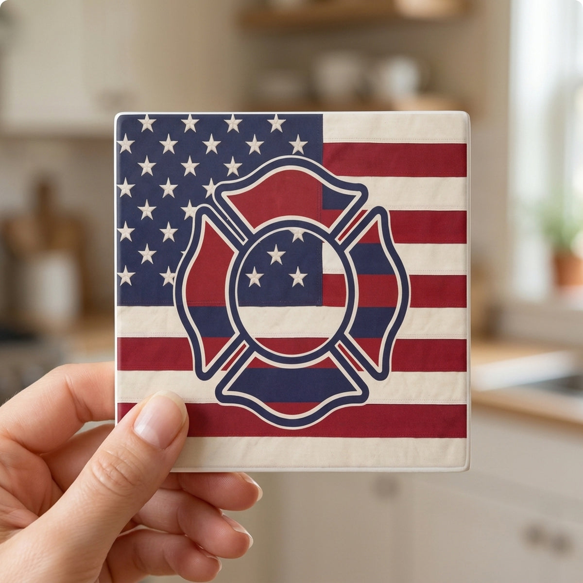 Firefighter Maltese Flag ceramic coasters set of 4, in hand