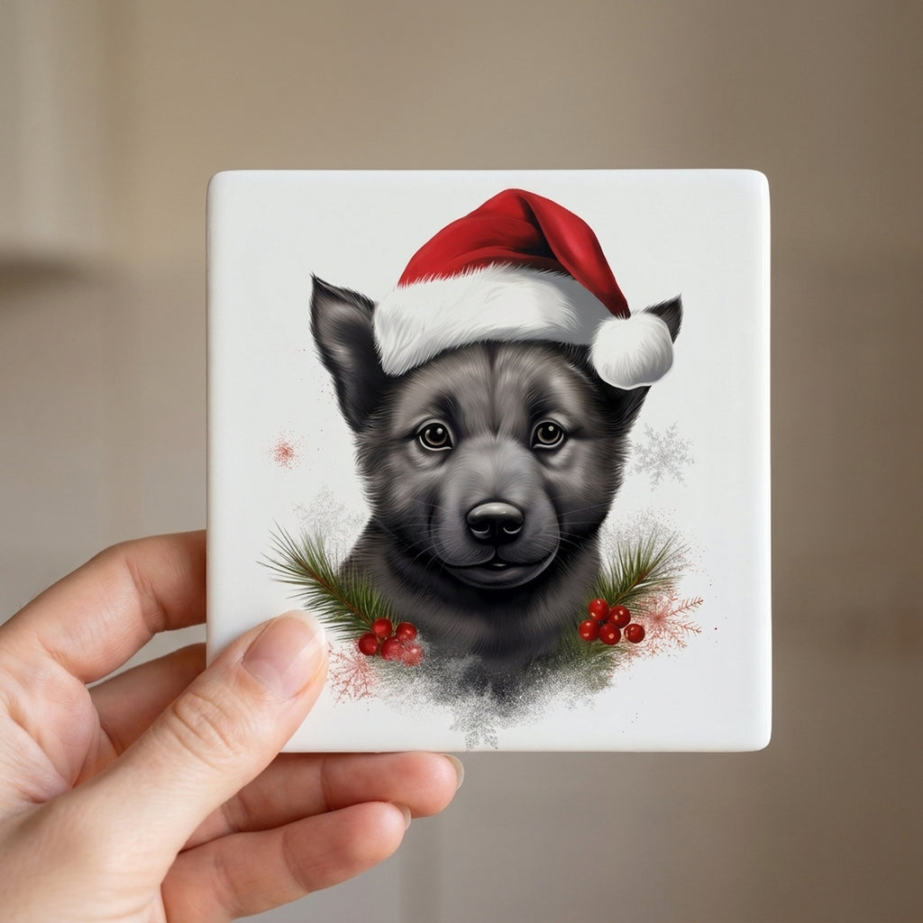 Norwegian Elkhound Puppy Drawing ceramic coasters set of 4, in hand
