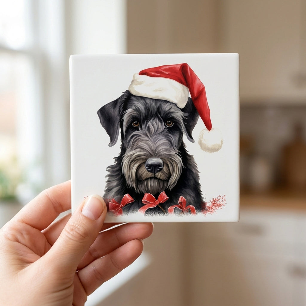 Giant Schnauzer Puppy Drawing ceramic coasters set of 4, in hand