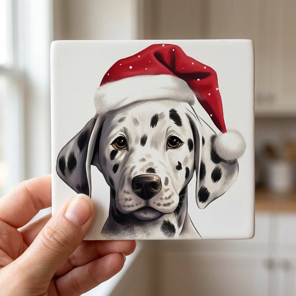 Dalmatian Puppy Drawing ceramic coasters set of 4, in hand